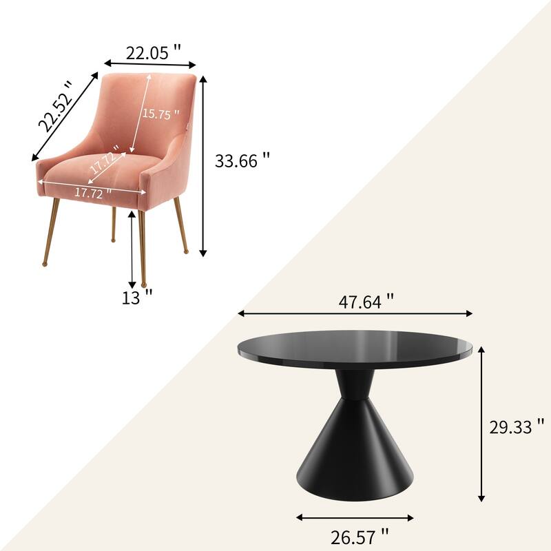 48" Light Luxury Black High Gloss Large Countertop Dining Table with Velvet Dining Chair Set
