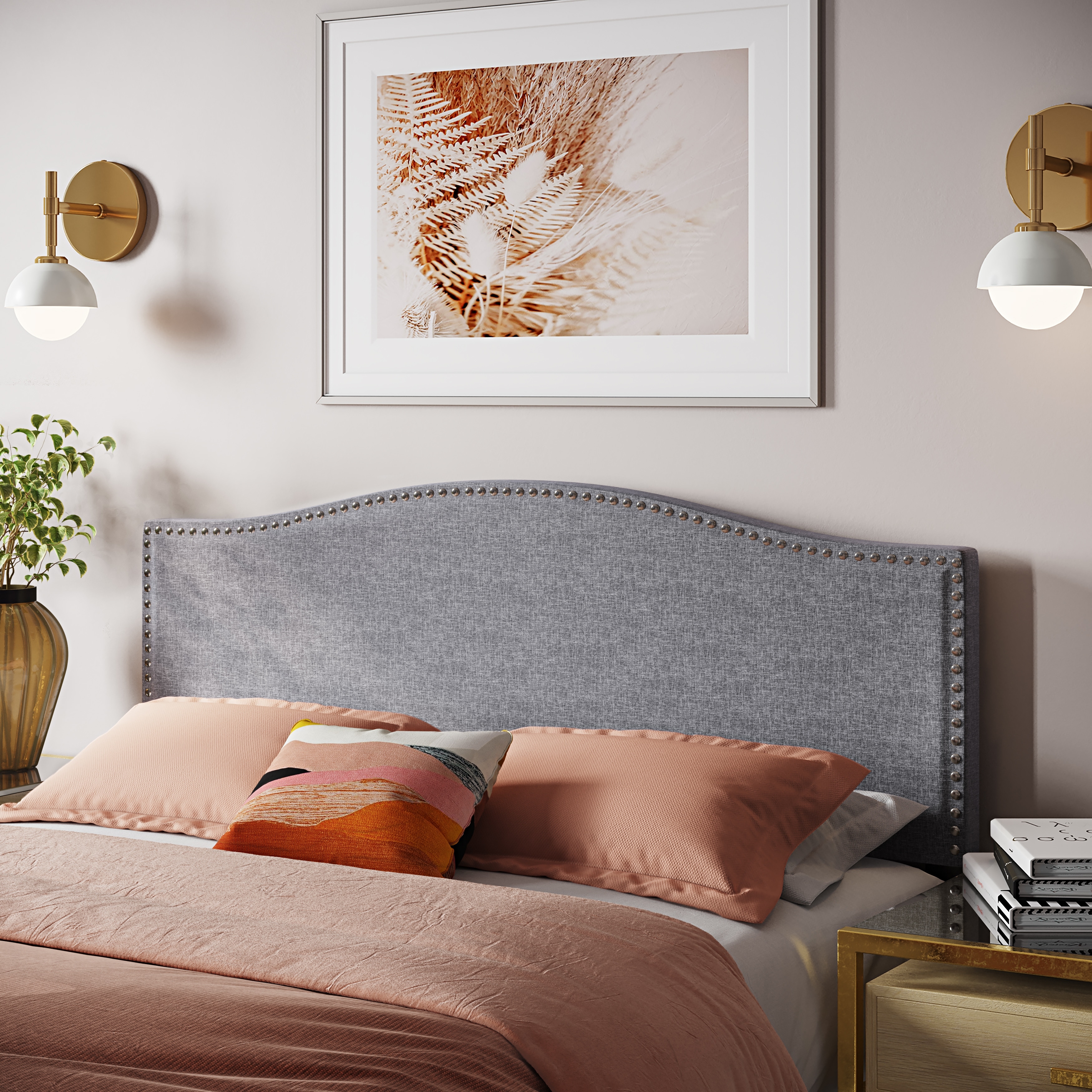 Camelback Nail Trimmed Upholstered Headboard in Charcoal Grey Full Queen