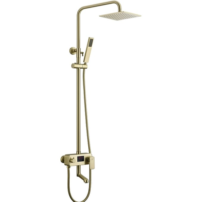 brushed gold wall mounted 3 way digital display exposed shower with tub spout and 8 inch rain head - 7'6" x 10'9"