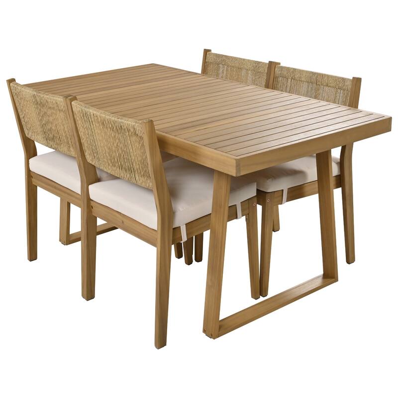 Wood Outdoor Dining Table Set for 4 with Thick Cushions and 4 Chair 5 Piece Outdoor Acacia Wood Dining Table and Chair Set