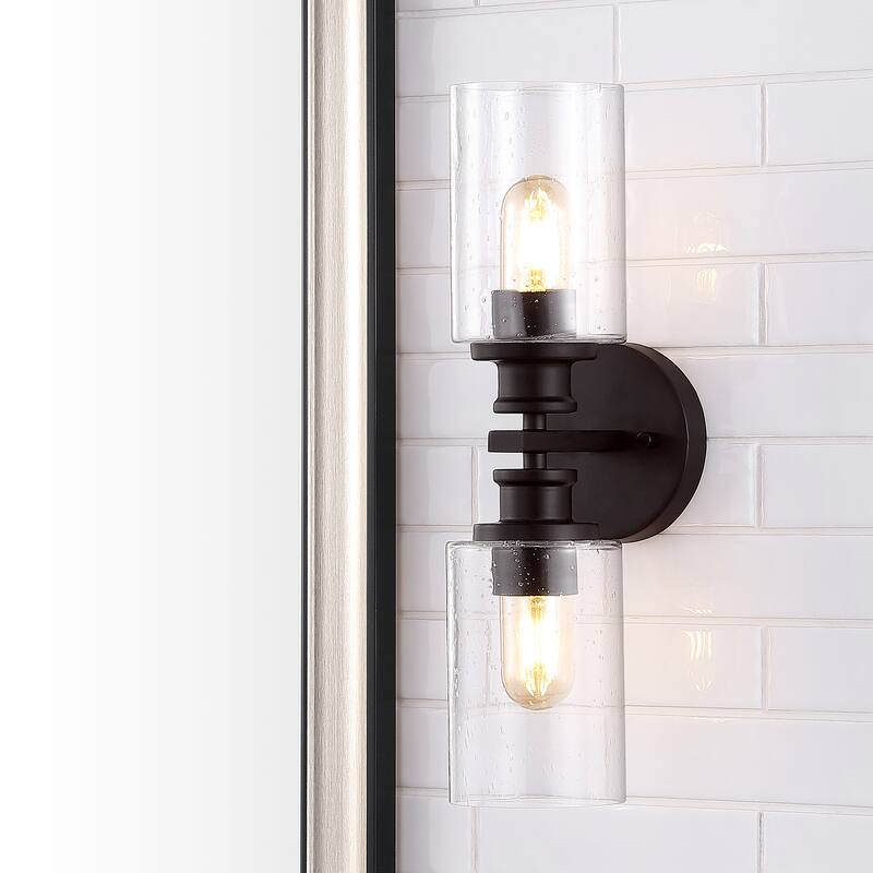 Jules Edison 16.5" Cylinder 2-Light Iron/Seeded Glass Farmhouse Contemporary LED Wall Sconce, Black by JONATHAN Y - One - Oil Rubbed Bronze