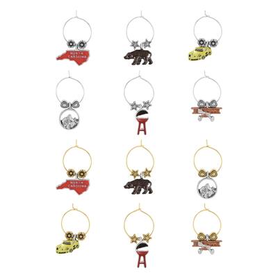 Wine Things 12-Piece Wine Charms/Wine Glass Tags/Drink Markers for Stem Glasses, Wine Tasting Party (North Carolina)