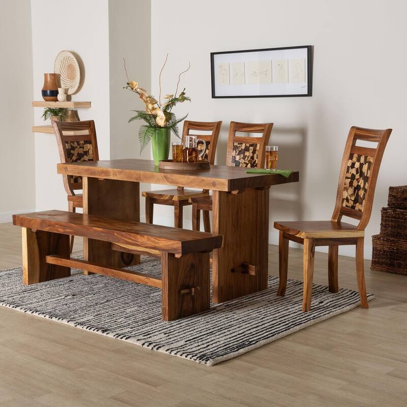 Luan Suar Wood Dining Set - Handcrafted Rectangular Solid Wood Table with Seating, Rustic Modern Kitchen or Dining Room Set