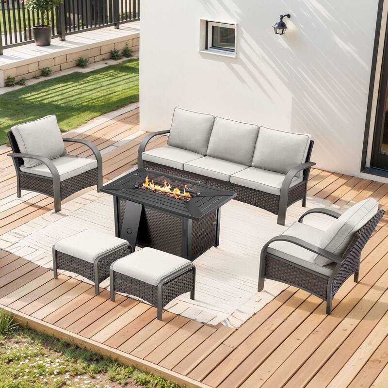 Propane Fire Pit with Outdoor Patio Funiture Set - Brown Rattan - Beige Cushion - 6PCS Sofa Club Chair Ottoman with Fire Table