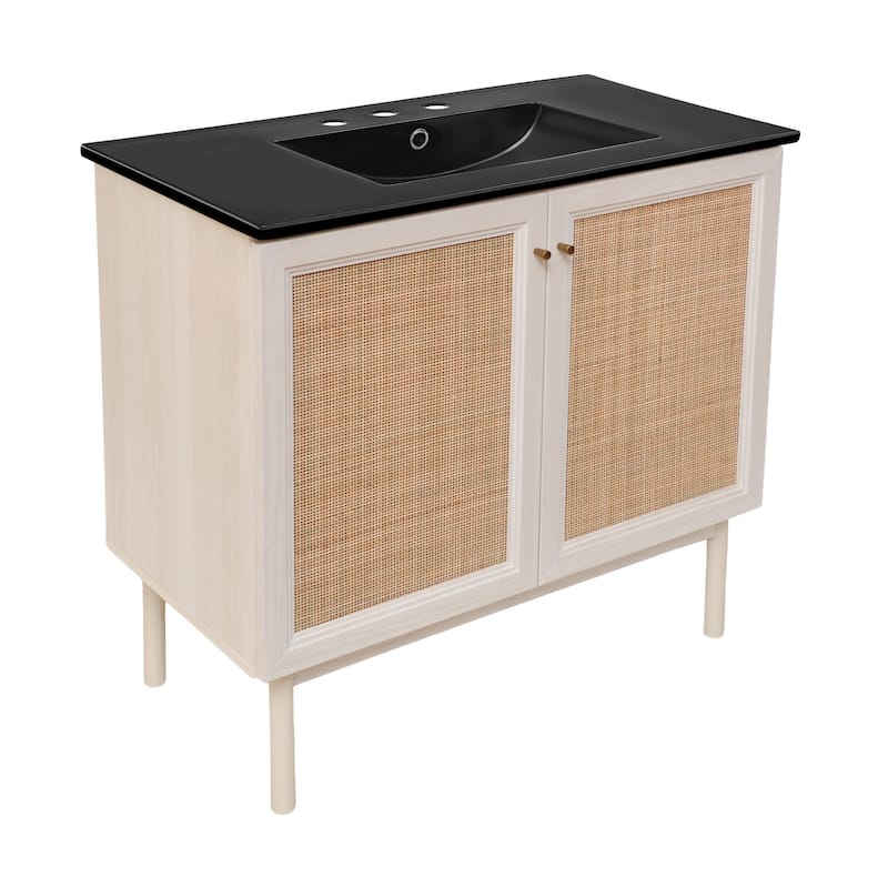 Classe 36 In. White Oak Bathroom Vanity With Black, 3-Hole Ceramic Sink Top