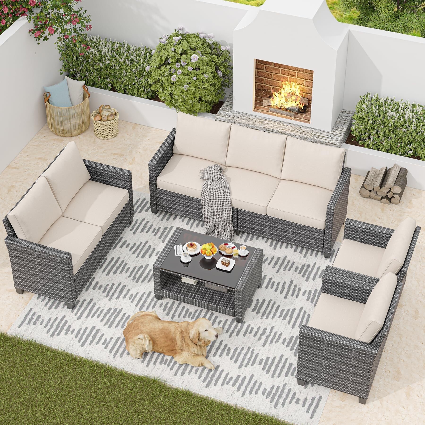 Patio Furniture Set 5 Pieces, 7 Seat PE Rattan Outdoor Patio Furniture Sectional Set