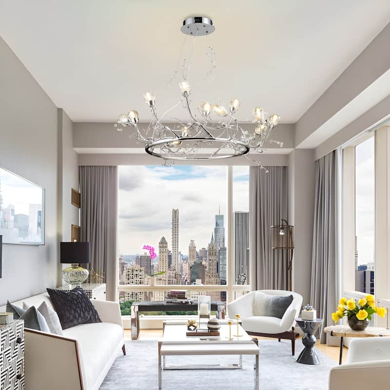 12 - Light Crystal Round Rose Flowers Tree Like Chandelier - Chome - Chome