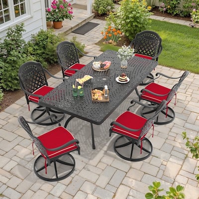 7-Piece Aluminum Rectangular Outdoor Patio Dining Set, 6 Cushioned Swivel Chairs, Table, All-Weather Frames