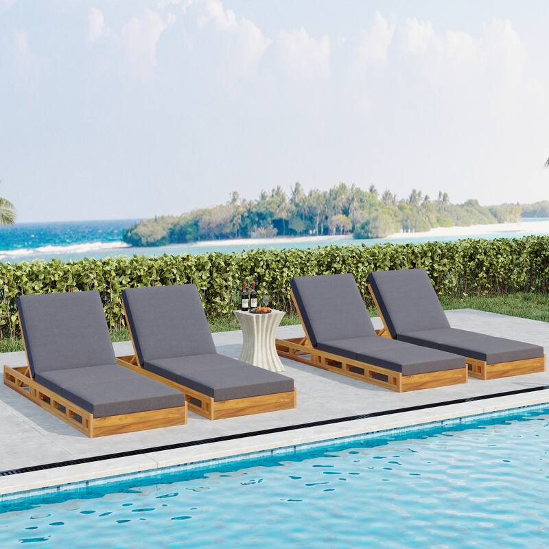 Roomfitters Outdoor Acacia Wood Chaise Lounge with Dark Grey Triple-Fold Cushions Teak Finish