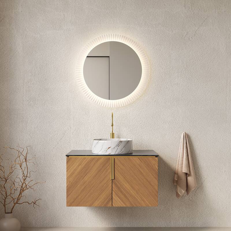 GDFStudio - Arai Modern 30" Floating Bathroom Vanity with Black Sintered Stone Countertop, Ceramic Basin & Double Doors - Brown Oak Cabinet - White Stone-Pattern Basin