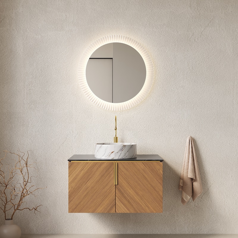Wall-Mounted Single Sink Bathroom Vanity Cabinet, Countertop Round Ceramic Basin with Stone Pattern, 30 Inch / 60 Inch
