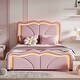 preview thumbnail 1 of 6, Twin Size Led Upholstered Bed, Platform Bed with Curve Shaped and Height-adjustbale Headboard Pink