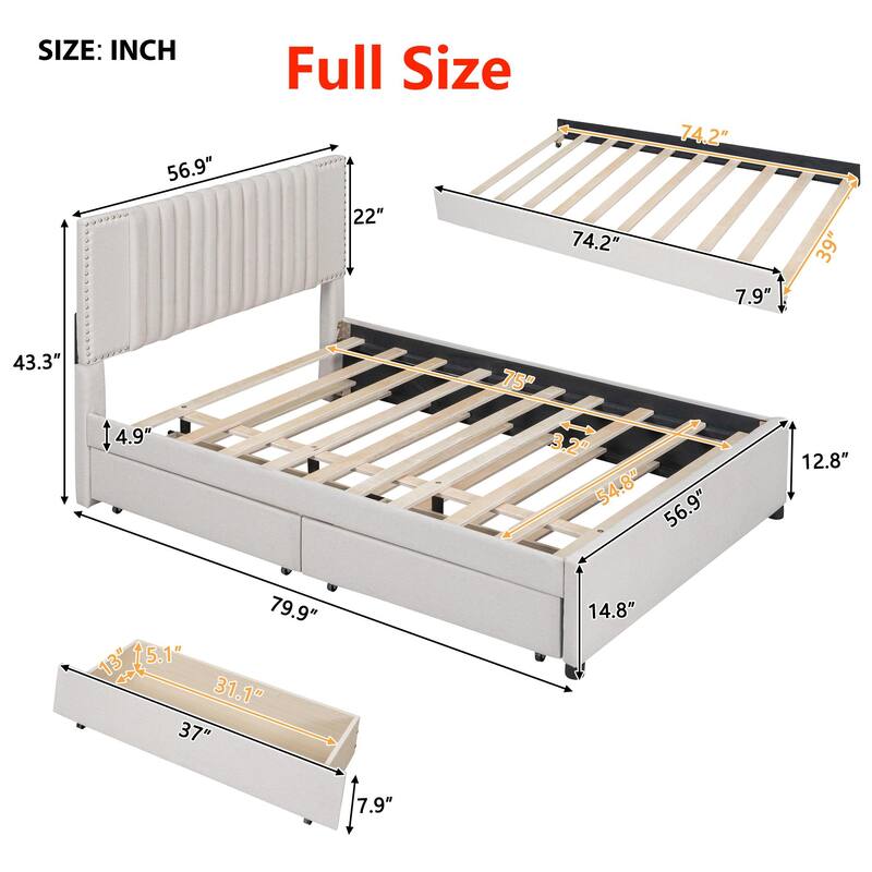 Upholstered Platform Bed with 2 Drawers and 1 Twin XL Trundle