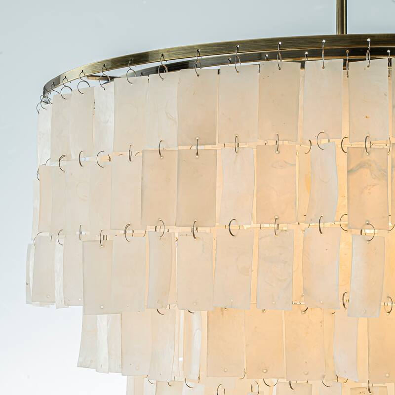 Elegant Coastal Tiered Capiz Shell Chandelier In Bronze Farmhouse Natural Seashell Light Fixtures For Dining Room