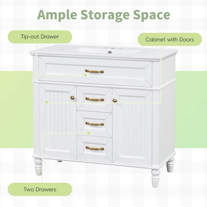GDF Studio - Sunny Modern Solid Wood + MDF 36-Inch Bathroom Vanity with Ceramic Sink and Flip-Out Drawer