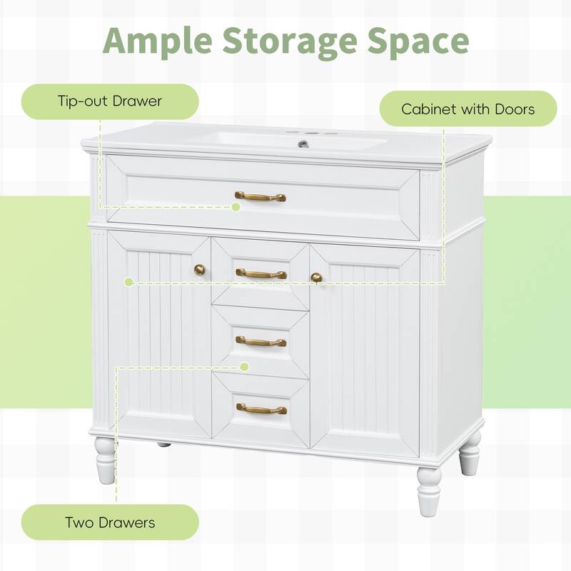 Roomfitters 36" Bathroom Vanity with Sink, Solid Wood Frame, Flip-Out Drawer & Soft-Close Doors