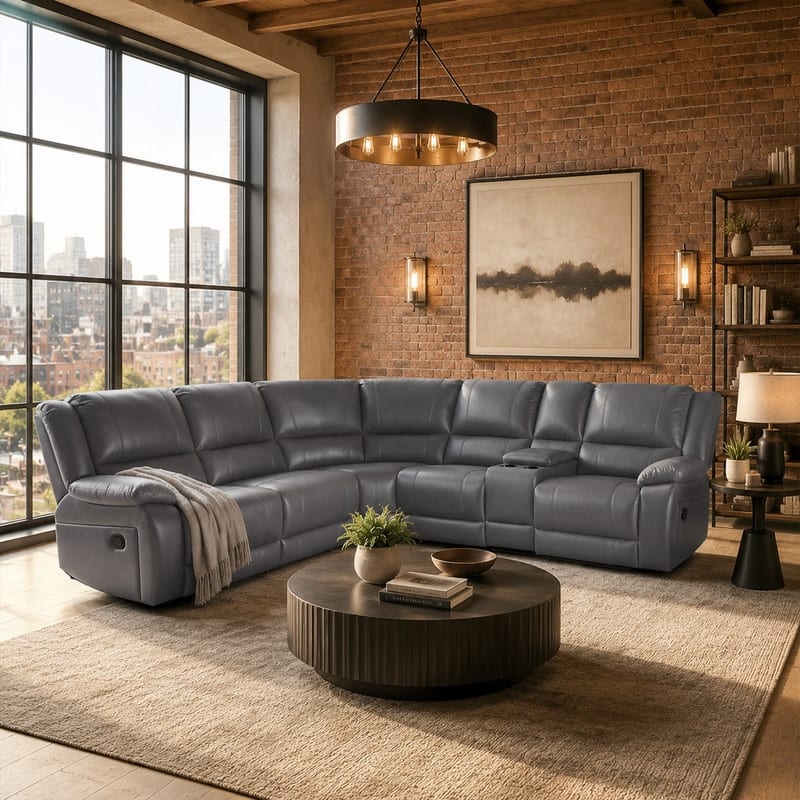 6PCS, 2 Manual Recliners, Faux Leather Reclining Sectional with Center Console - Grey