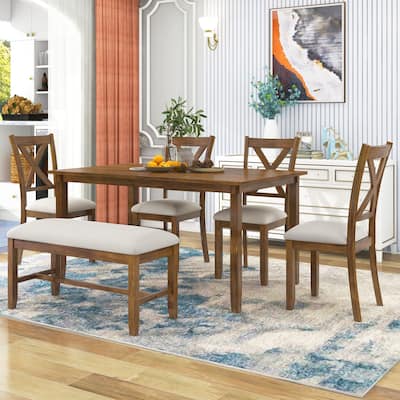 Natural Cherry Traditional 6-Piece Wooden Dining Table Set with 4 Upholstered Chairs and Bench