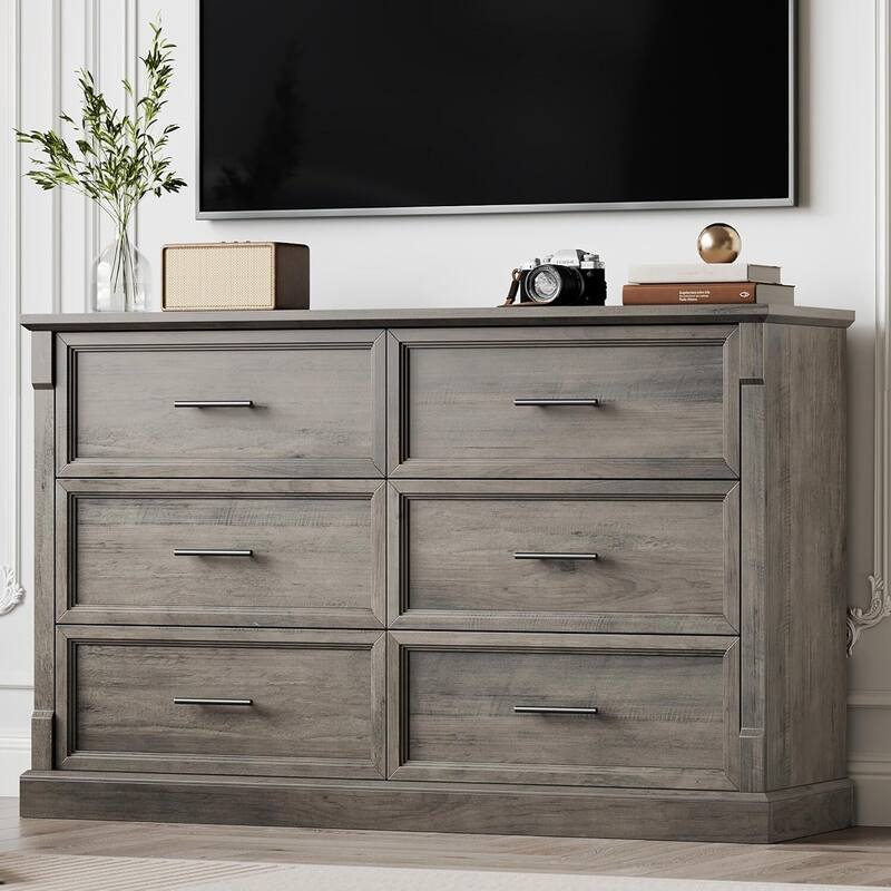 Farmhouse Double 6 Drawer Dresser for Bedroom, Living Room, Hallway - Grey