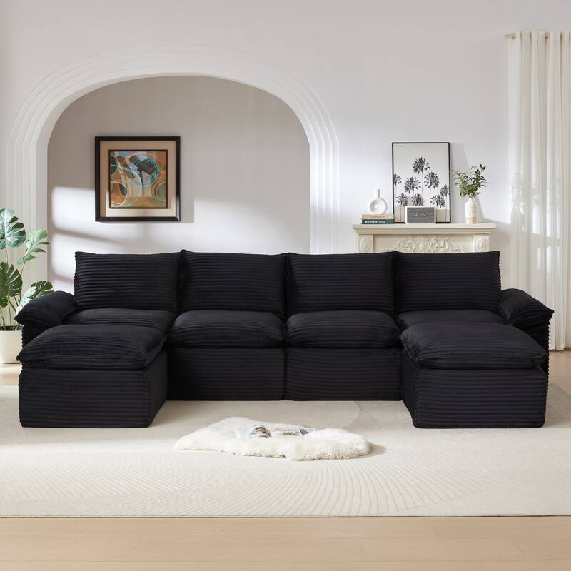 141.74" Modern Comfy Sectional Corduroy Sofa with Two Ottomans