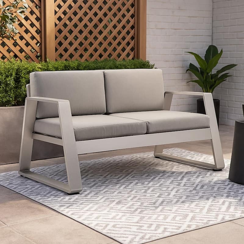 Xia 57 Inch Outdoor Sofa, Gray Aluminum, Fade Resistant Fabric Cushions