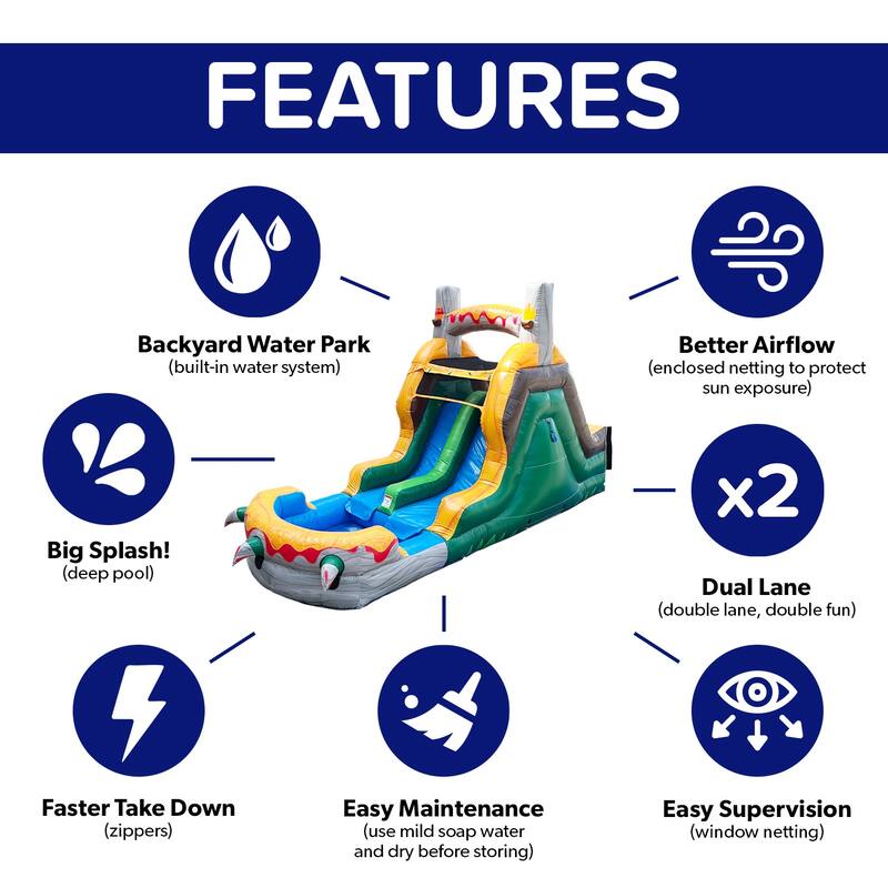 HeroKiddo T-Rex Adventure 12' Tall Dual Lane Inflatable Water Slide with Pool, Commercial PVC, Kids and Adults, Blower Included