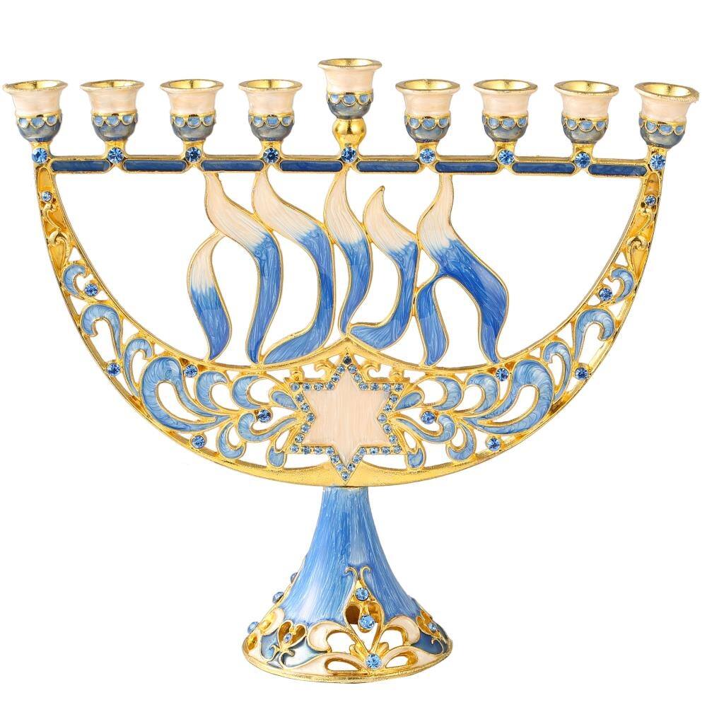 Hand Painted Enamel Menorah Candelabra w/ Flower & Hanukkah Design & High Quality Crystals by