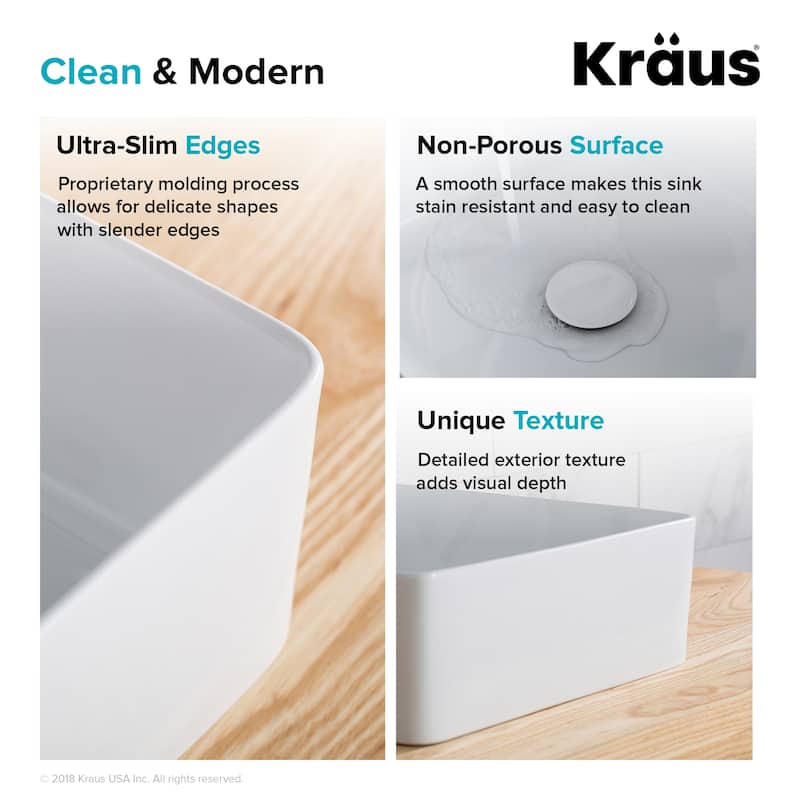 KRAUS 15 5/8 inch Viva Square White Ceramic Vessel Bathroom Sink