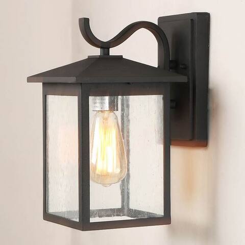 1-Light Black Outdoor Wall Lantern Sconces Seeded Glass Patio Light - W7"x H12.2"x E9"