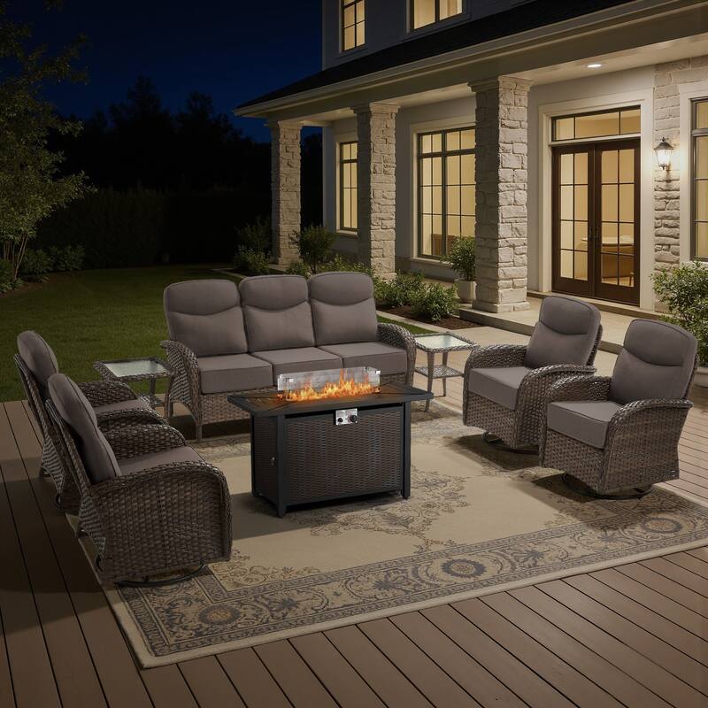 Luna 8-Piece Wicker Outdoor Patio Fire Pit Sofa Set with 6-Inch Thick Cushions