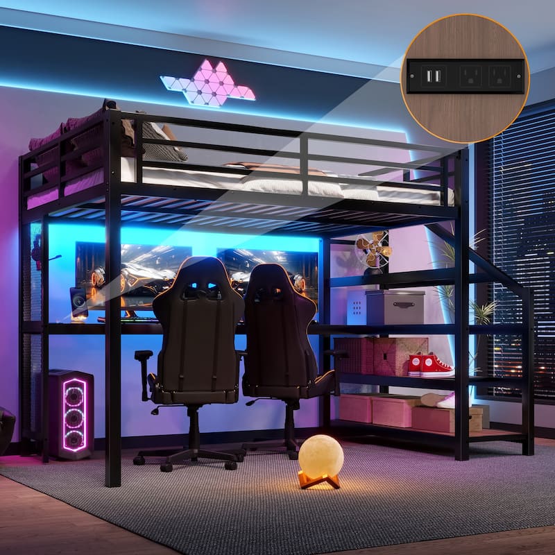 Full Loft Bed with Desk and Storage Stairs, Metal Loft Beds with LED Lights, USB Ports, Multifunctional Iron Nets - Black