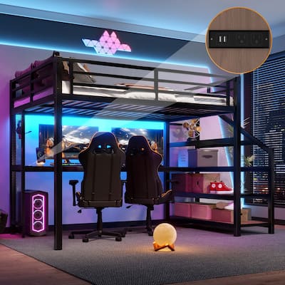 Full Loft Bed with Desk and Storage Stairs, Metal Loft Beds with LED Lights, USB Ports, Multifunctional Iron Nets