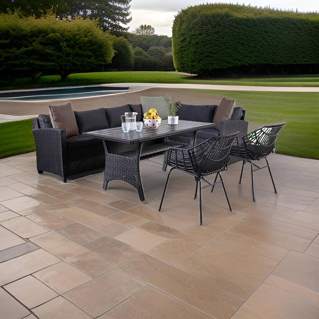 Maria 5pc Outdoor Patio Dining Set, Sectional Sofa, Table, 2 Chairs, Black