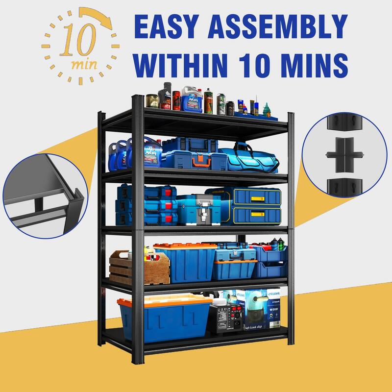 5 Tier Storage Shelves, 2200LBS Adjustable Metal Shelving Unit, Black, Needs Assembly