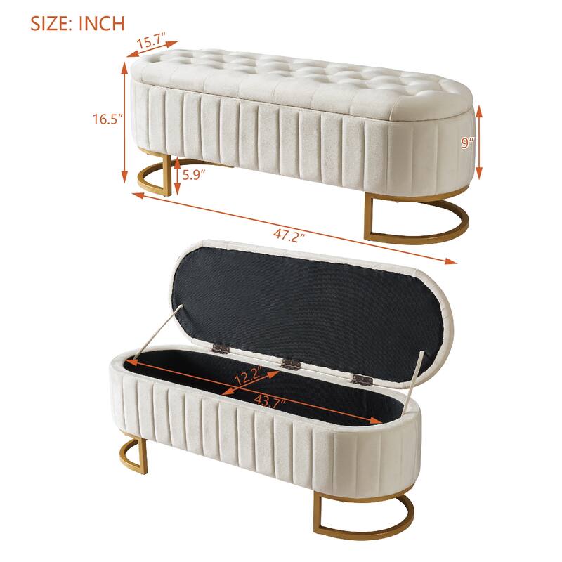 Velvet Storage Ottoman End of Bed Bench, Button-Tufted Upholstered Bench Entryway Bench with Metal Legs