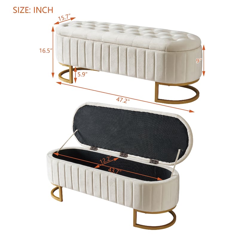 Velvet Storage Ottoman with Metal Legs and Button-Tufted
