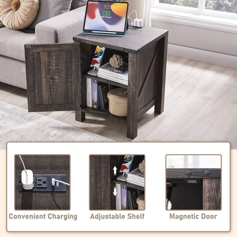 Farmhouse Nightstand with Charging Station, End Table with Barn Door