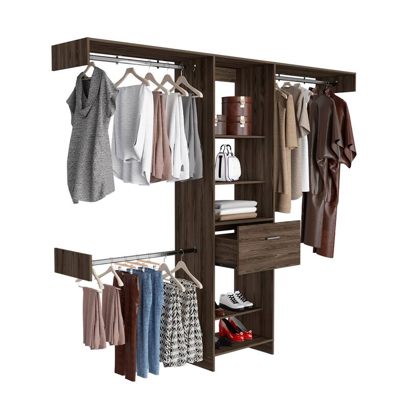 Closet System, Five Open Shelves, One Drawer, Three Metal Rods