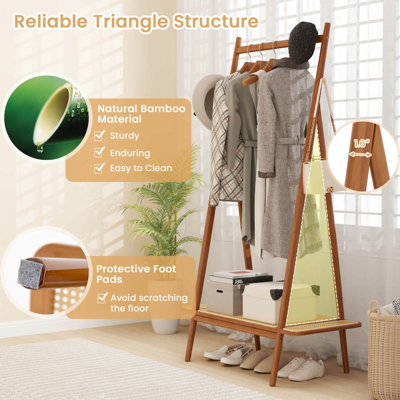 65.5" Clothes Rack Bamboo Garment Rack with Top Hanging Rod