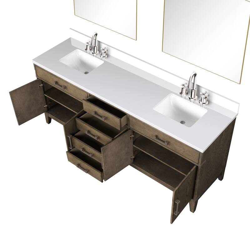 Laurel 60 in W x 22 in D Black Oak Double Bath Vanity, White Quartz Top, Faucet Set, and 28 in Mirrors