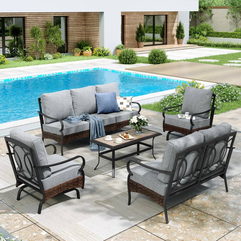 MAISON ARTS Modern Outdoor Patio Furniture Set with Waterproof Cushions - 5-Piece Wicker & Metal Conversation Set - Rocking Chair - Grey