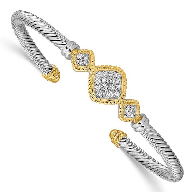 Curata 925 Sterling Silver Two-tone 12mm Cubic Zirconia Art Deco Rope Design Cuff Bangle