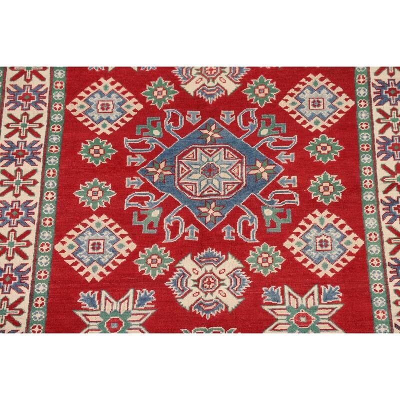 Red Kazak Oriental Area Rug Hand-Knotted Geometric Wool Carpet - 5'0" x 6'7"