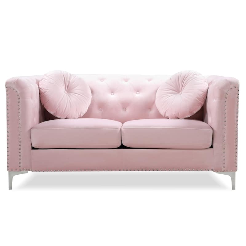 Tufted Nailhead Trim Velvet Loveseat with Throw Pillows - 62" - Pink