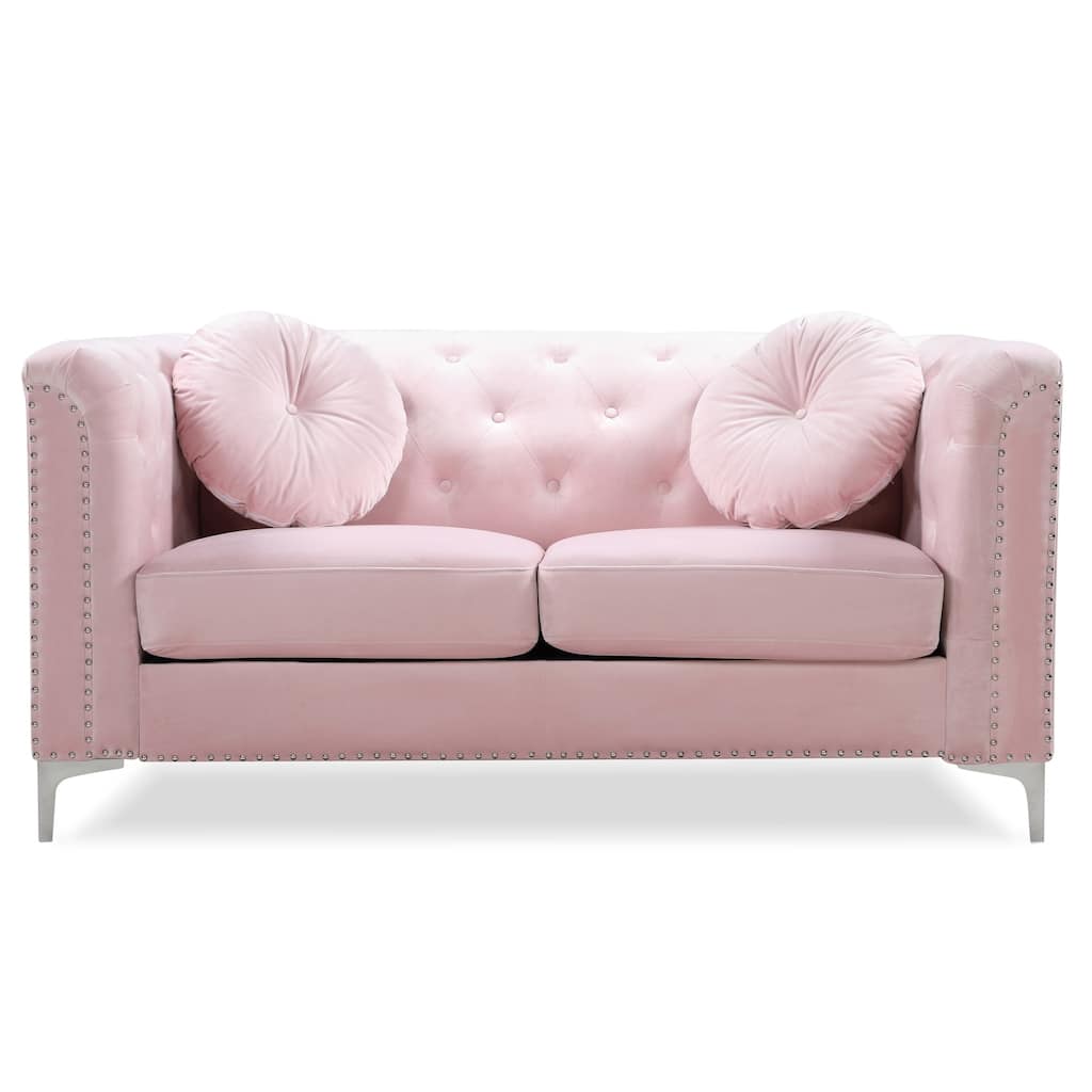 Tufted Nailhead Trim Velvet Loveseat with Throw Pillows - 62" - Pink