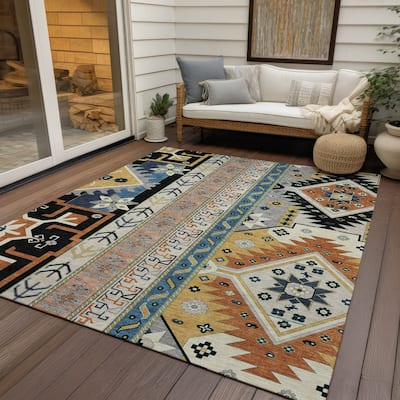 Machine Washable Indoor/ Outdoor Boho Tribal Chantille Rug
