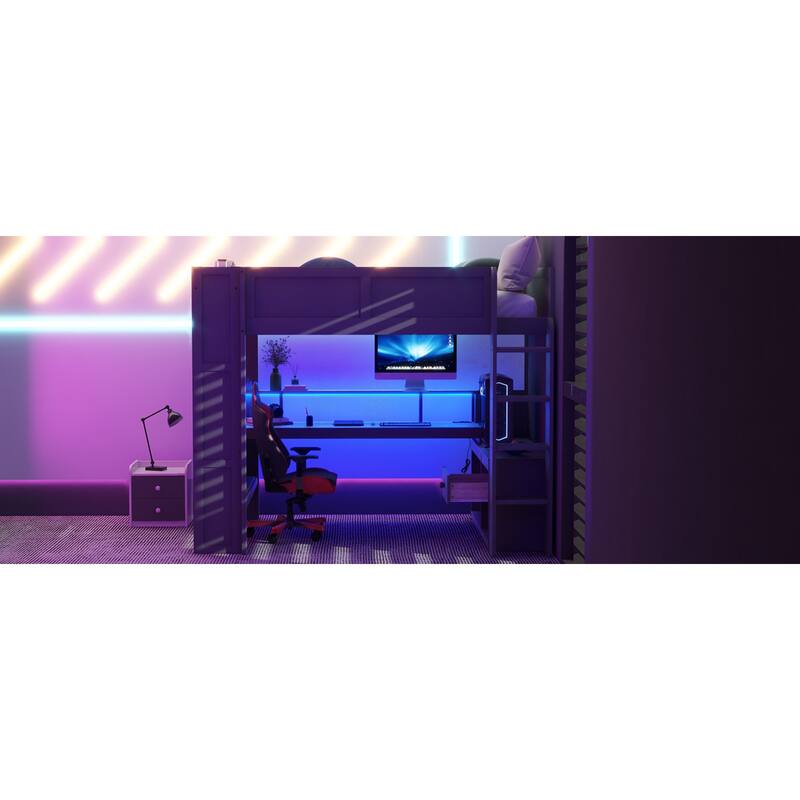 Roomfitters Full Size Gaming Loft Bed with Desk, Storage Shelves and LED Lights, Dark Gray