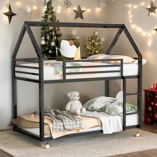 Twin over Twin House Bunk Bed With Built-in Convertible Ladder for Home