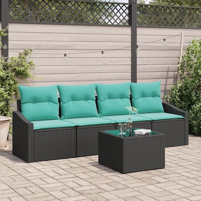 vidaXL 5 Garden Sofa Set with Cushions Black Poly Rattan - 91.7 x 24.4 x 27.2