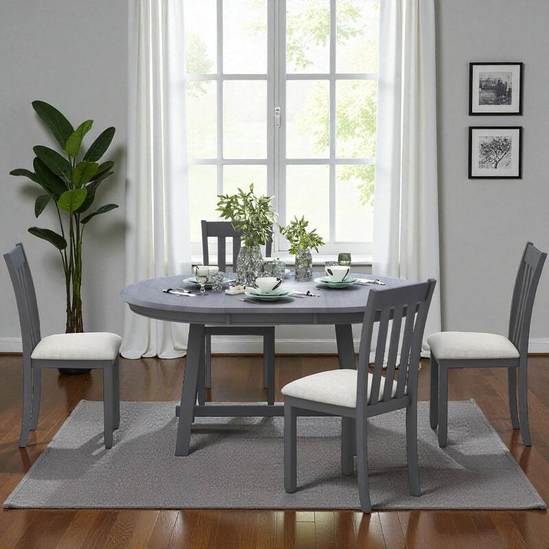 5-Piece Round Extendable Dining Table Set, 41.4"-56.6" Wood Table with 4 Upholstered Chairs for Dining Room